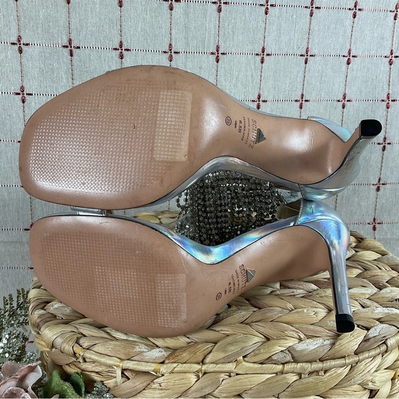 SCHUTZ “Lory” Iridescent Silver Leather Crystal Fringe Ankle Strappy Heels 6.5 - Picture 5 of 12